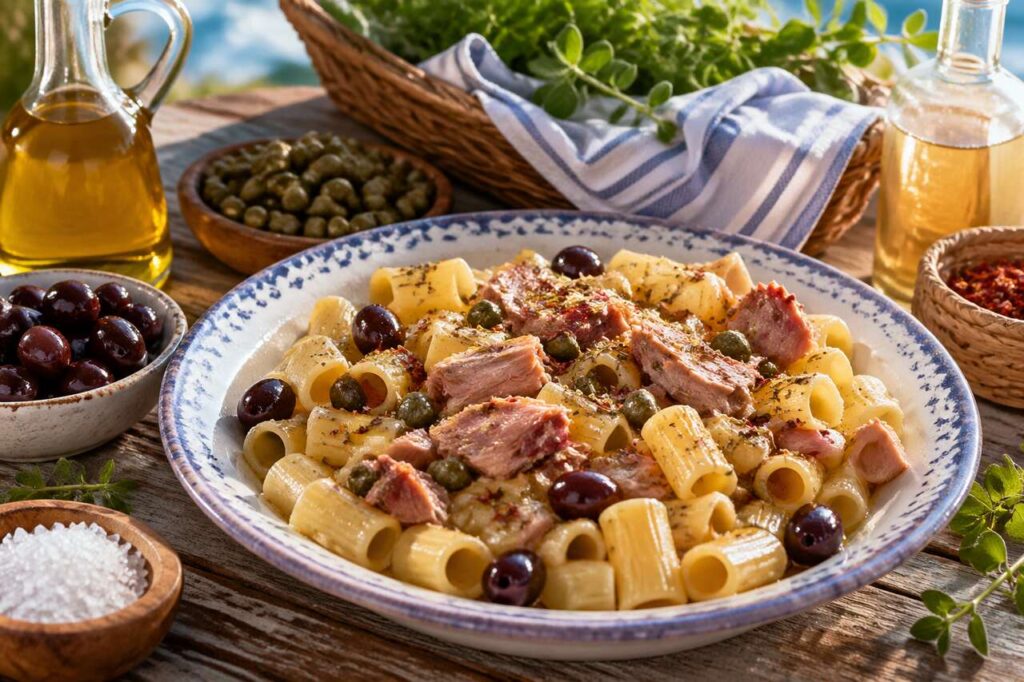 Pasta fredda con tonno di Favignana, olive di Gaeta e capperi di Salina per il picnic del 1° maggio