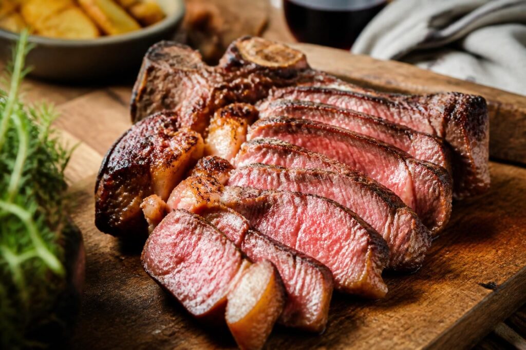 Carne alla brace stile Cannavacciuolo con crosta dorata, sale marino grosso e limone campano su tagliere rustico
