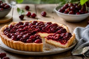 Crostata di ciliegie di Vignola IGP su piano in marmo, con ciliegie fresche lucide e frolla dorata, stile pasticceria artigianale emiliana