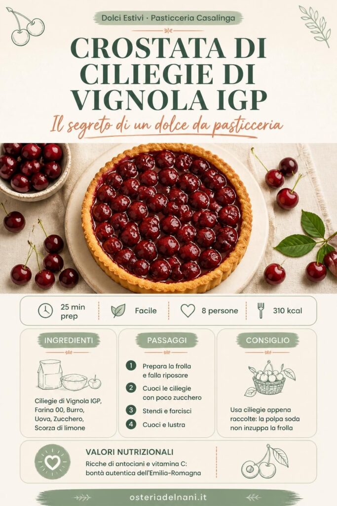 Crostata di ciliegie di Vignola IGP su piano rustico in legno, con ciliegie fresche e frolla dorata