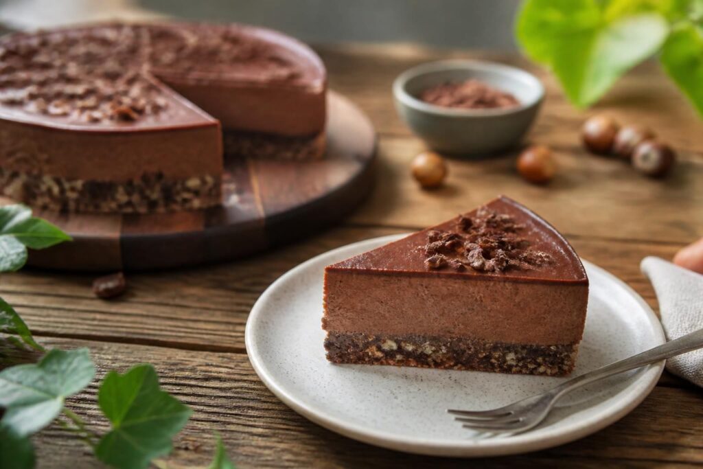 Cinque dolci senza zucchero golosi disposti su un piano di legno chiaro: mousse al cioccolato, biscotti alle mandorle, torta di mele, tortine ai datteri e budino di ricotta con frutti di bosco