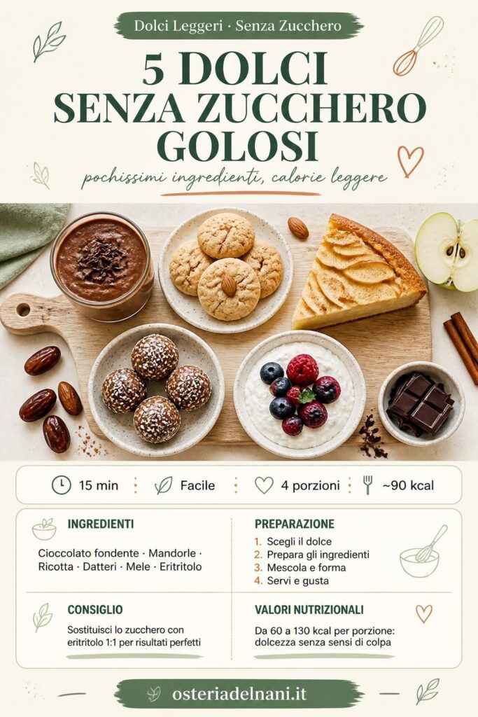Cinque dolci senza zucchero con pochissimi ingredienti su un piano di legno chiaro
