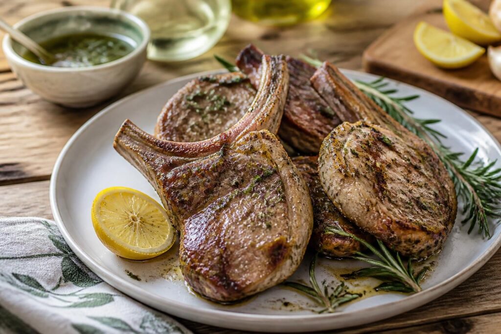 Marinatura al rosmarino per grigliata estiva: olio extravergine, rosmarino fresco, aglio e limone in una ciotola rustica su tavolo di legno