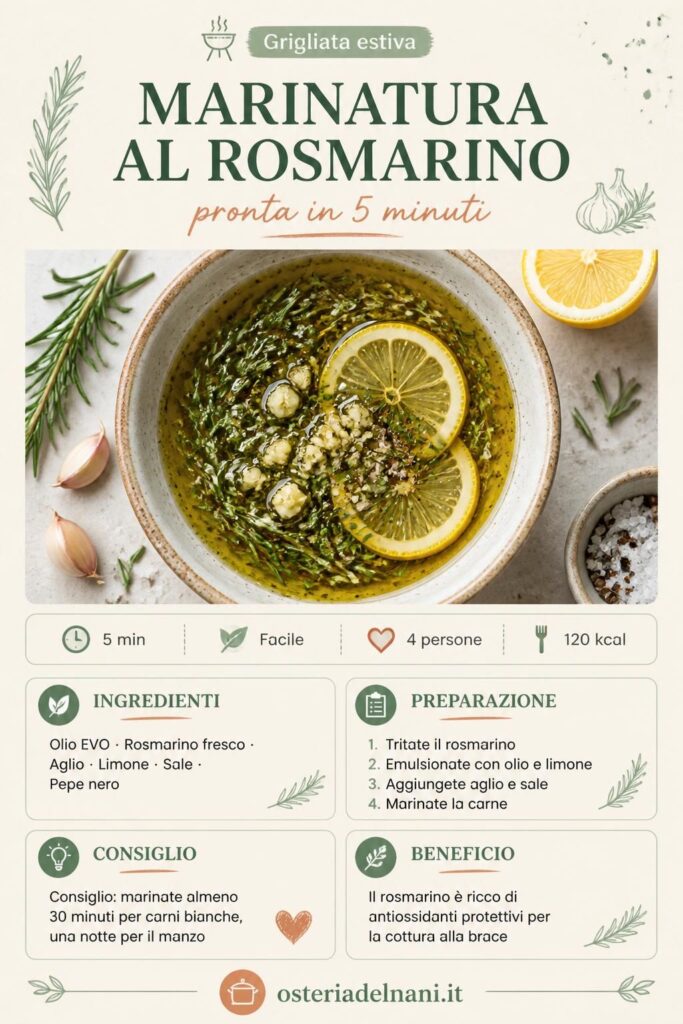 Marinatura al rosmarino per grigliata estiva in ciotola rustica con olio extravergine, aglio e limone