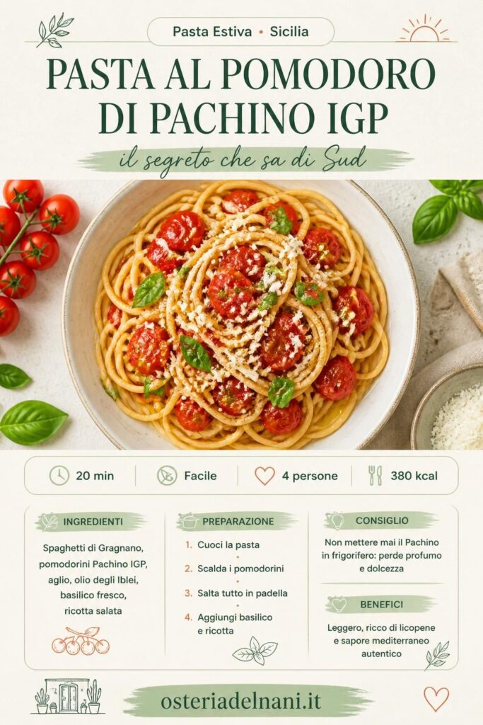 Spaghetti con pomodorini Pachino IGP, basilico e ricotta salata su tavolo rustico siciliano