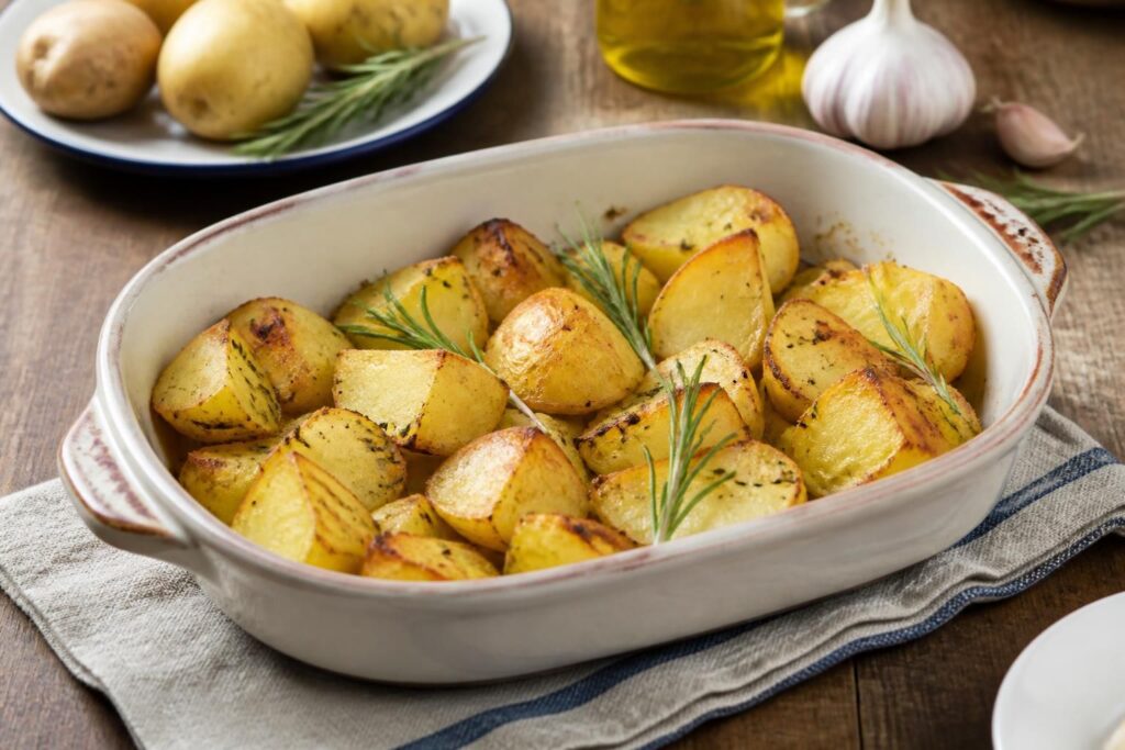 Patate al forno croccanti fuori e morbide dentro, dorate con olio extravergine, aglio in camicia e rosmarino fresco, servite in una teglia rustica