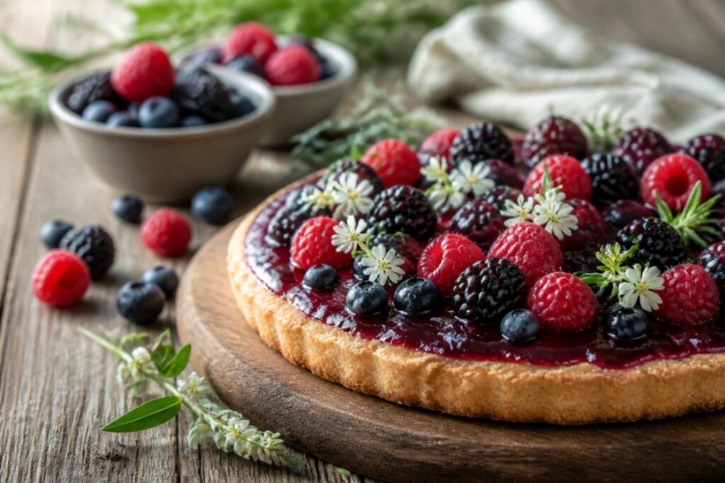 Crostata ai frutti di bosco italiani su base di pasta frolla friabile, decorata con mirtilli, lamponi, more e fragoline di bosco freschi, fotografata dall'alto su un tavolo in legno rustico