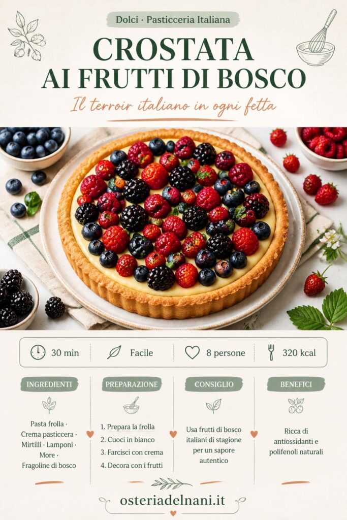 Crostata ai frutti di bosco italiani con crema pasticcera, mirtilli, lamponi, more e fragoline di bosco su pasta frolla dorata