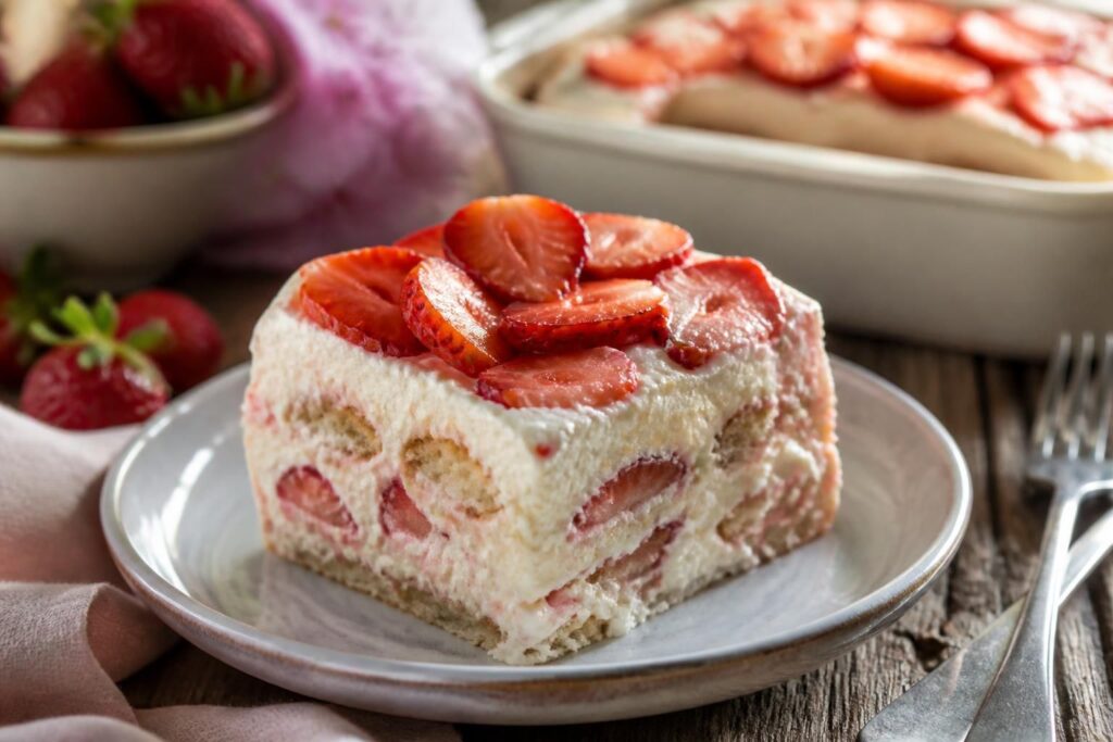 Tiramisù alle fragole cremoso in una coppetta trasparente, con fragole fresche a fette e crema al mascarpone soffice, fotografato dall'alto su un piano di marmo chiaro