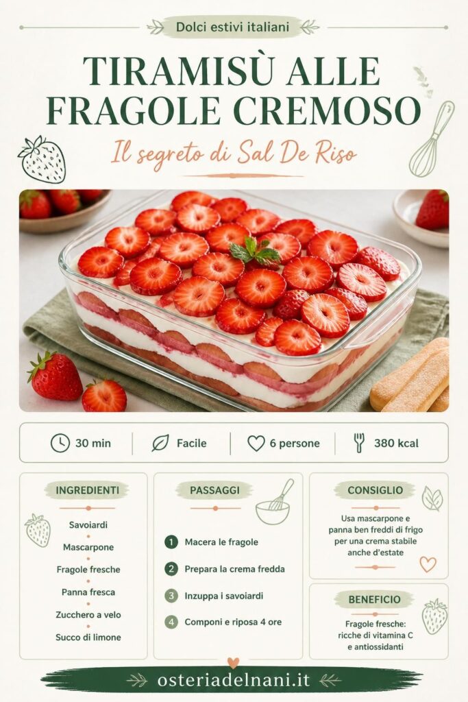 Tiramisù alle fragole cremoso con mascarpone e fragole fresche, fotografato dall'alto su piatto bianco