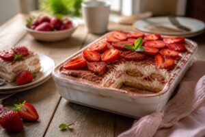 Tiramisù alle fragole senza uova crude servito in bicchierini monoporzione con fragole fresche e menta, su sfondo chiaro estivo