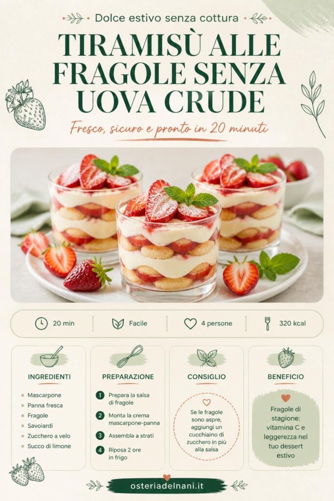 Tiramisù alle fragole senza uova crude in bicchierini monoporzione con fragole fresche e menta