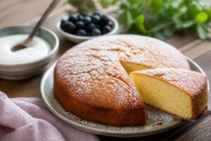 Torta allo yogurt senza zucchero tagliata a fette, guarnita con frutta fresca estiva su un piatto di ceramica bianca