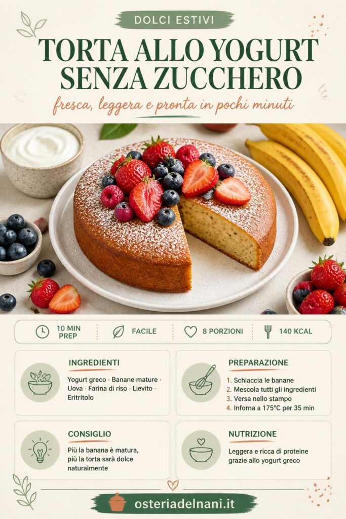 Torta allo yogurt senza zucchero con frutti di bosco estivi su piatto bianco — pin Pinterest