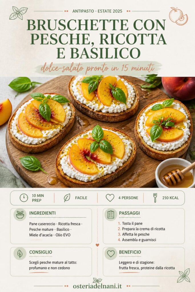 Bruschette con pesche, ricotta e basilico su tagliere di legno, ricetta dolce-salata per aperitivo estivo