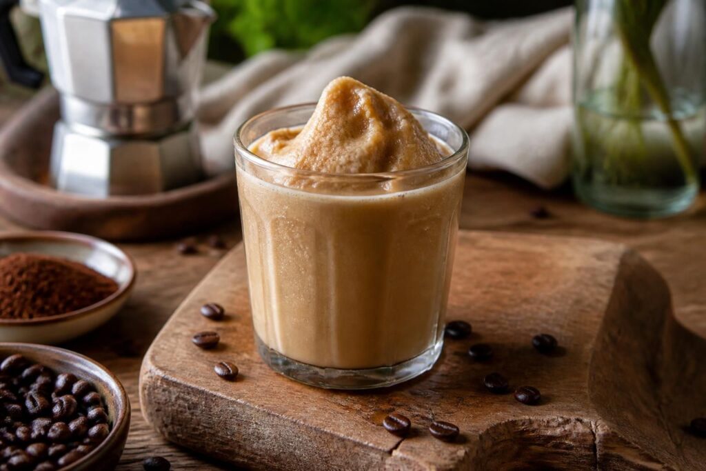 Caffè freddo cremoso senza panna in un bicchiere trasparente: crema spumosa color nocciola servita su ghiaccio, vista dall'alto su superficie di marmo chiaro