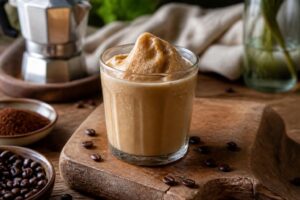 Caffè freddo cremoso senza panna in un bicchiere trasparente: crema spumosa color nocciola servita su ghiaccio, vista dall'alto su superficie di marmo chiaro