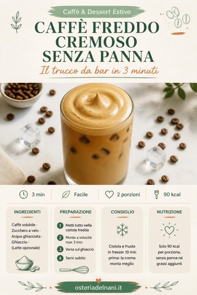 Caffè freddo cremoso senza panna: crema spumosa color nocciola su ghiaccio in bicchiere trasparente