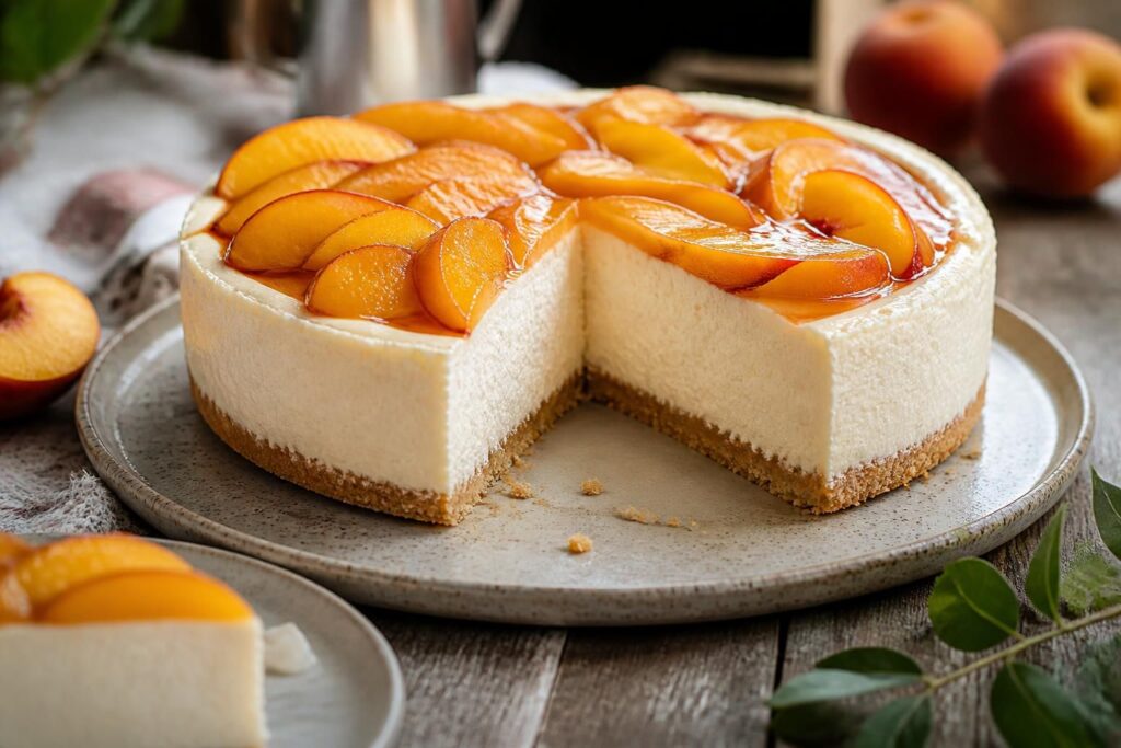 Cheesecake alle pesche senza cottura con base croccante di biscotti, crema al formaggio spalmabile e copertura di pesche fresche a fette, vista dall'alto su piano in legno chiaro