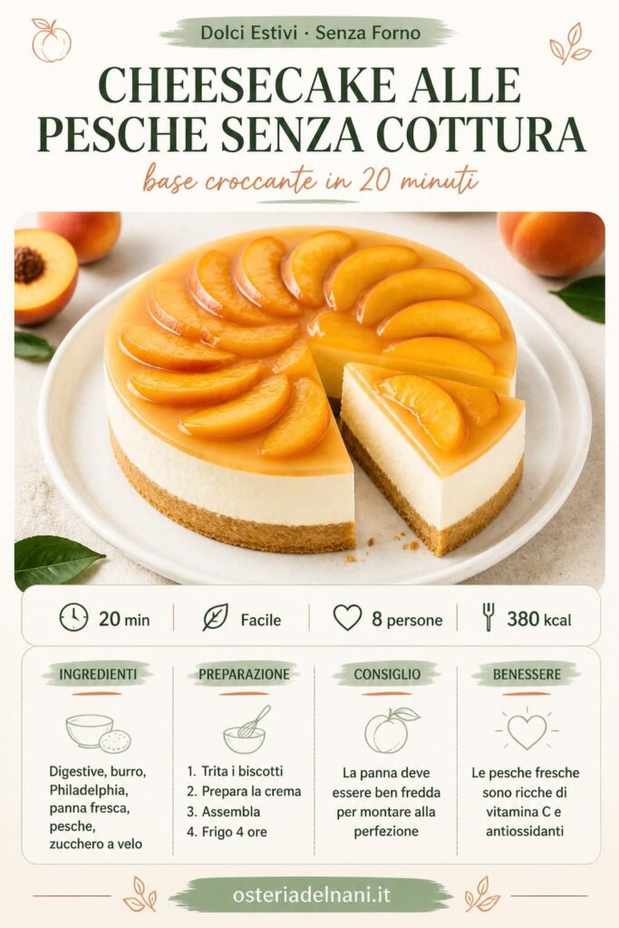 Cheesecake alle pesche senza cottura con base croccante di biscotti e copertura di pesche fresche a fette