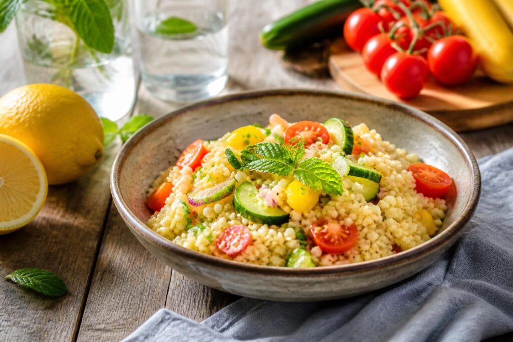 Cous cous freddo con verdure grigliate, limone e menta fresca in una ciotola bianca, visto dall'alto su piano di legno chiaro