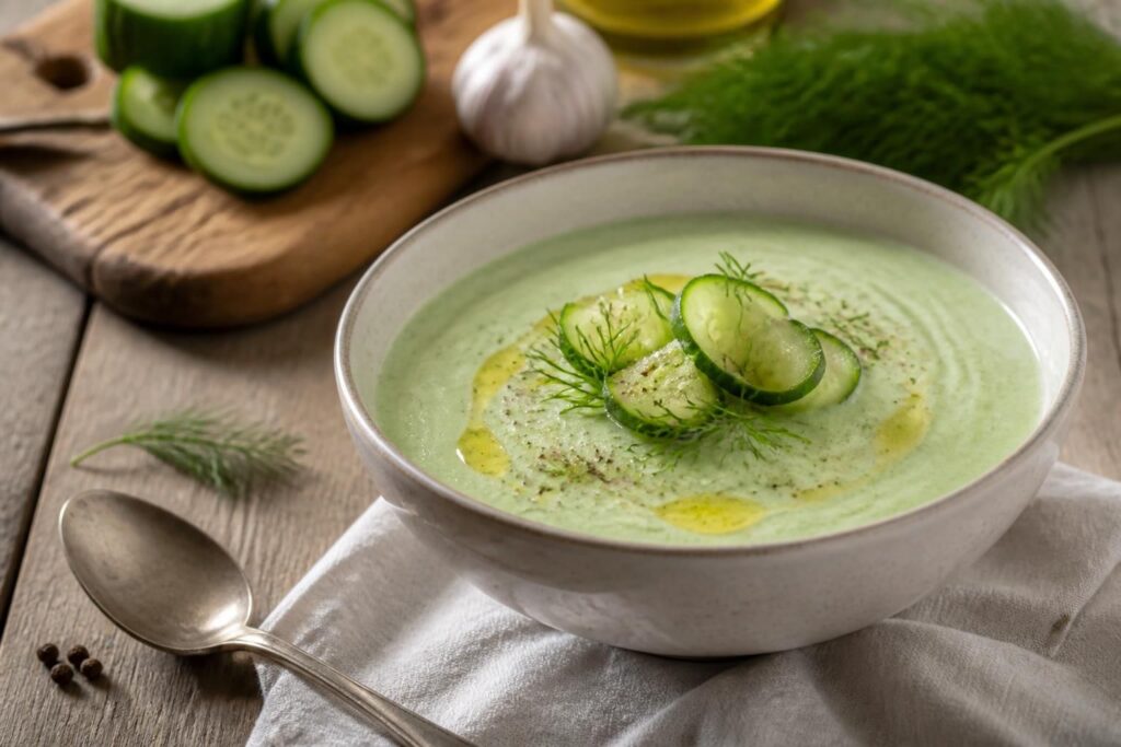 Crema fredda di cetrioli e yogurt greco servita in una ciotola bianca con filo d'olio extravergine, foglie di menta fresca e dadini di cetriolo