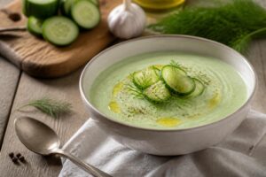 Crema fredda di cetrioli e yogurt greco servita in una ciotola bianca con filo d'olio extravergine, foglie di menta fresca e dadini di cetriolo