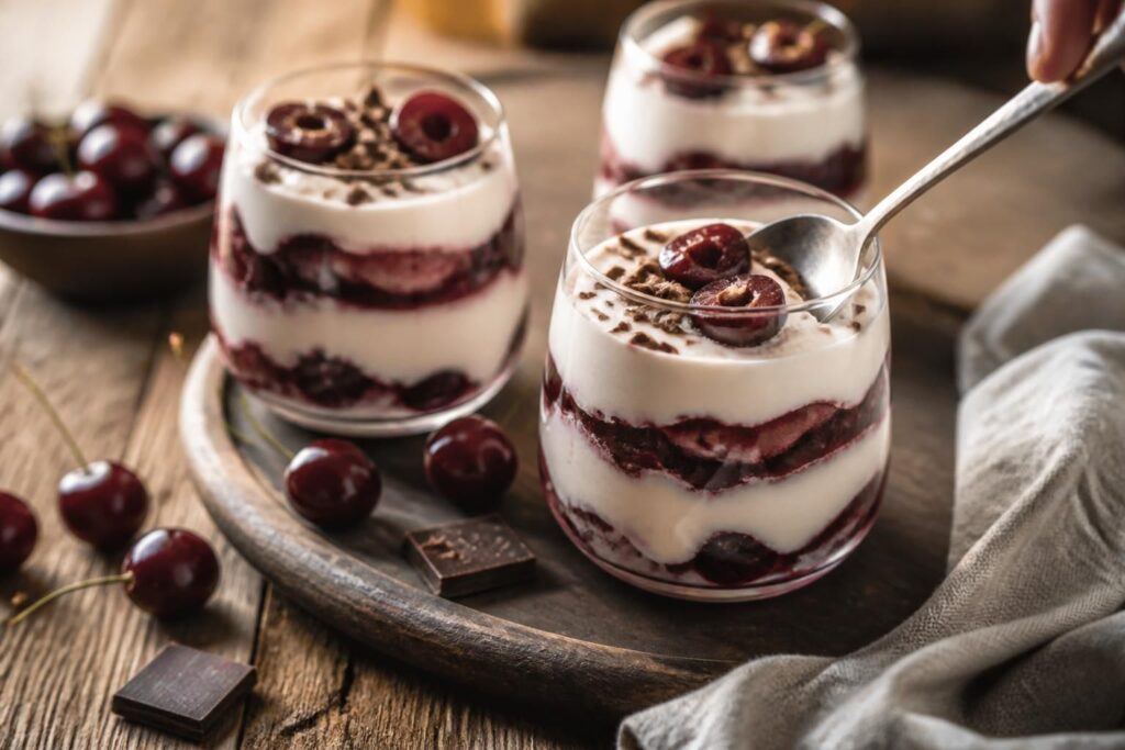 Dessert freddo alle ciliegie nel bicchiere con crema al mascarpone senza gelatina, strati di biscotto sbriciolato e composta di ciliegie fresche