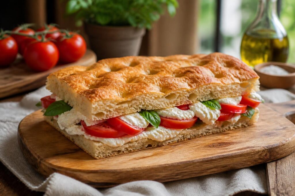 Focaccia farcita con pomodoro datterino e stracciatella di bufala, tagliata a fette su carta forno, morbida e dorata