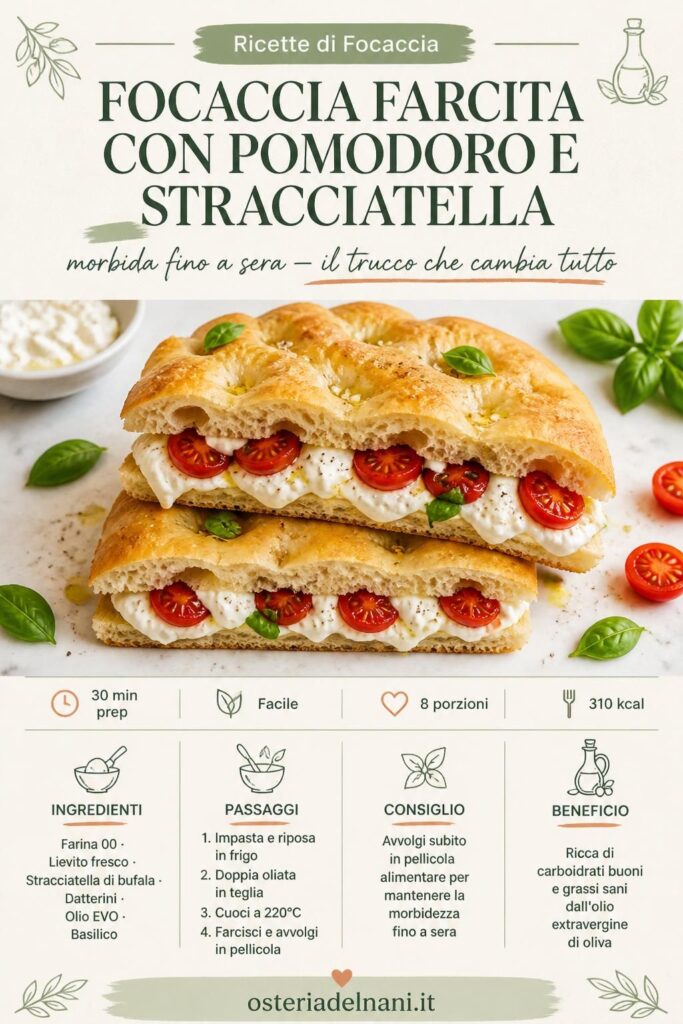 Focaccia farcita con pomodoro datterino e stracciatella di bufala, morbida e dorata, tagliata su carta forno