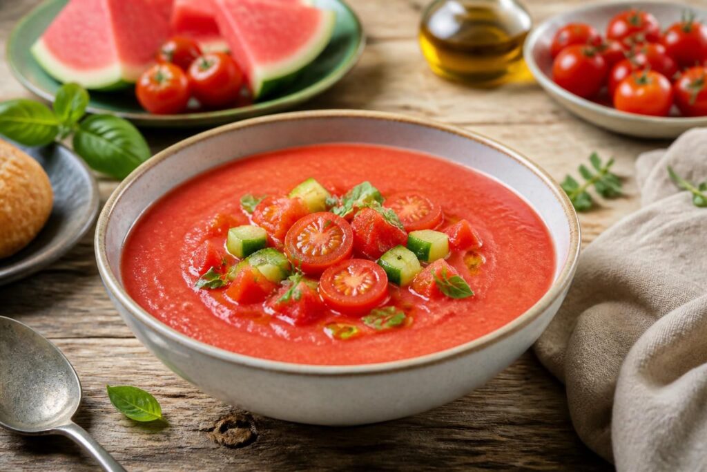 Gazpacho di pomodori e anguria servito in bicchieri trasparenti con cubetti di anguria, feta sbriciolata e foglie di menta fresca su un tavolo estivo