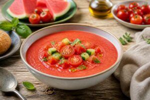 Gazpacho di pomodori e anguria servito in bicchieri trasparenti con cubetti di anguria, feta sbriciolata e foglie di menta fresca su un tavolo estivo
