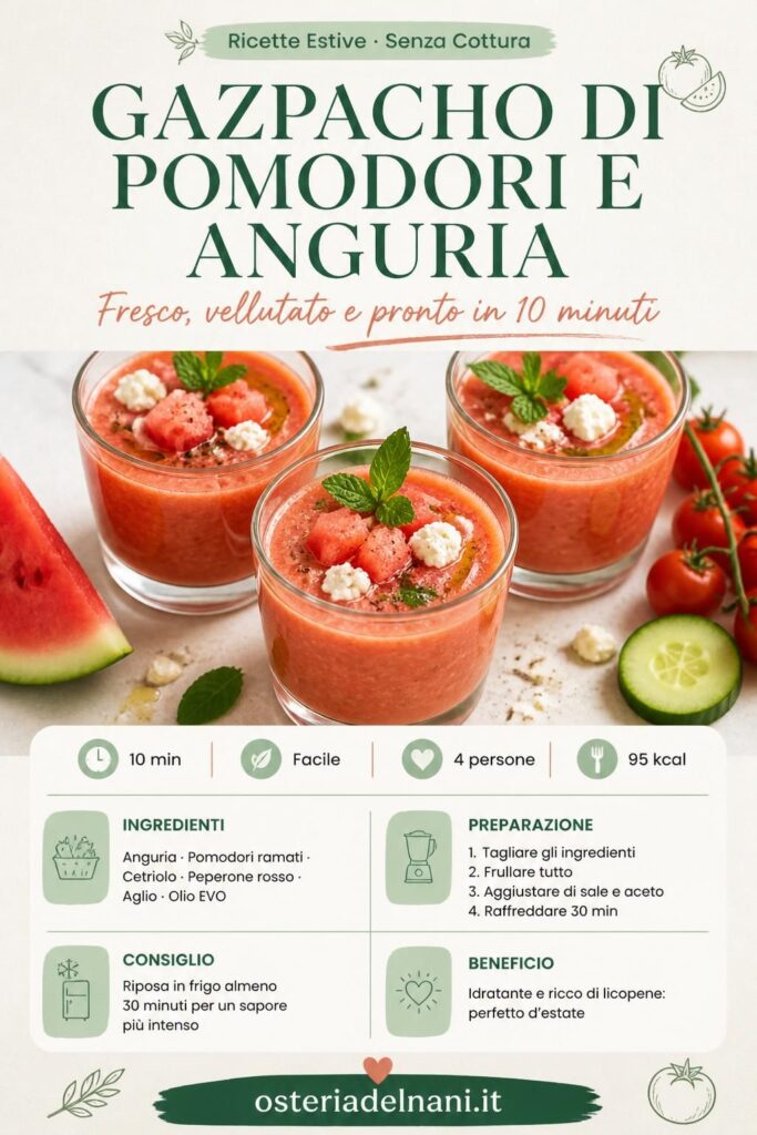 Gazpacho di pomodori e anguria in bicchieri trasparenti con cubetti di anguria e feta, vista dall'alto
