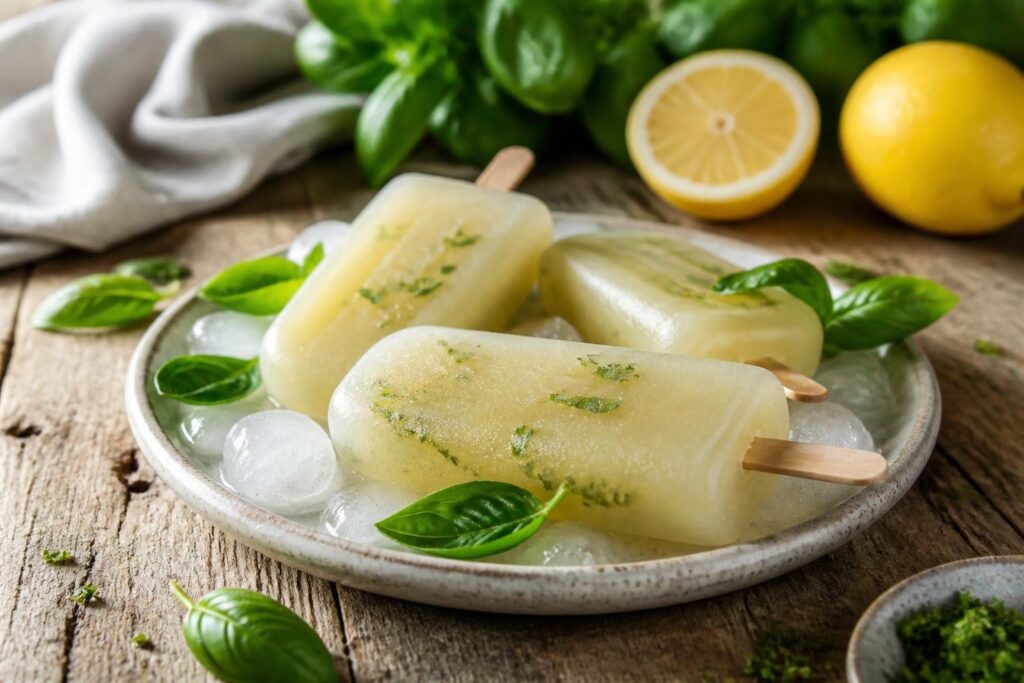 Ghiaccioli al limone e basilico senza zucchero su un vassoio di legno con fette di limone fresco e foglie di basilico ligure