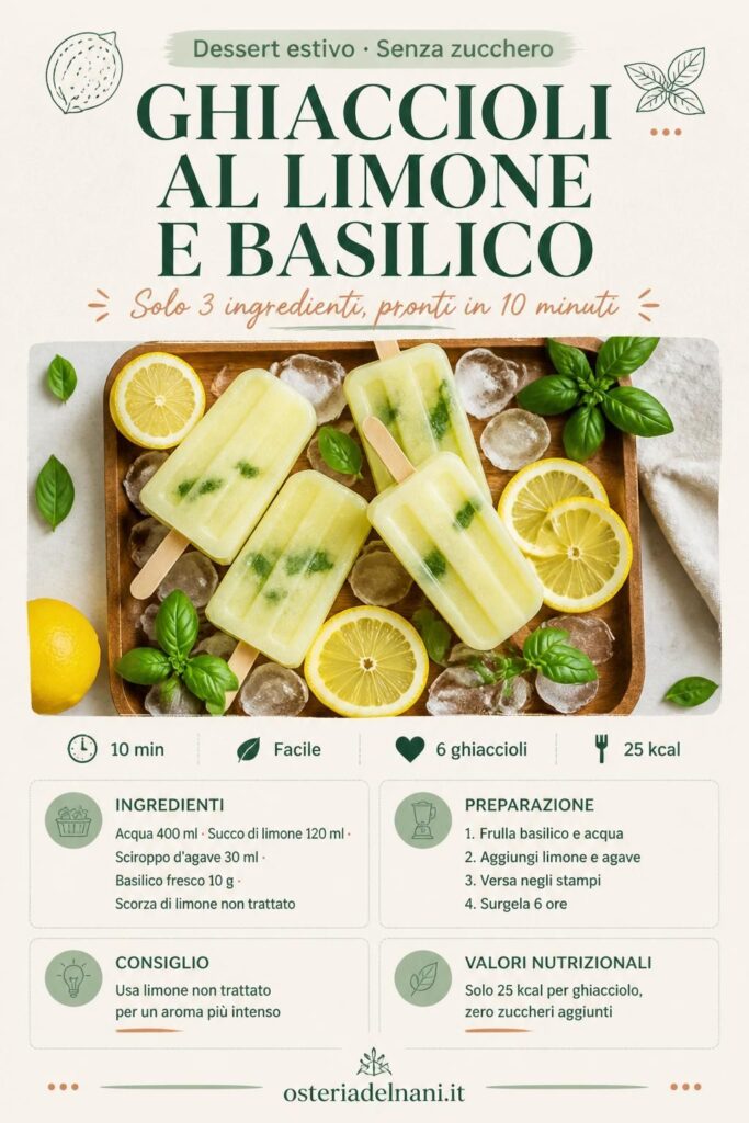 Ghiaccioli al limone e basilico senza zucchero su vassoio con foglie di basilico e fette di limone