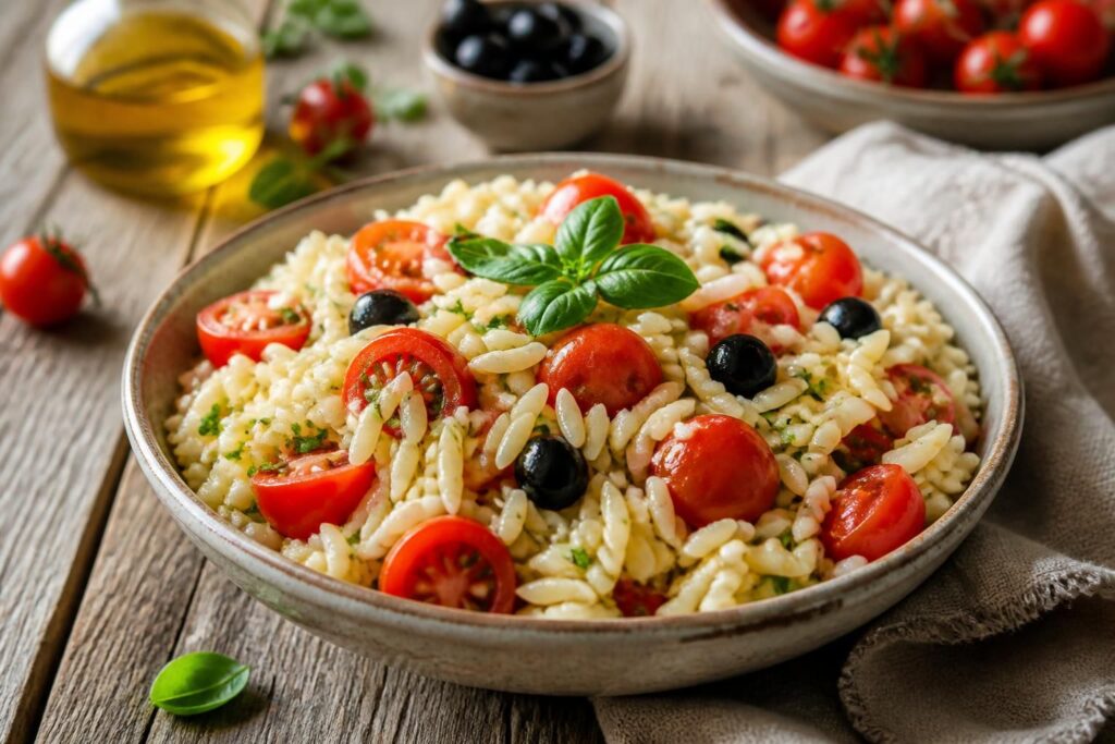 Insalata di orzo con pomodorini ciliegino e olive nere in una ciotola bianca, condita con olio extravergine e basilico fresco, fotografata dall'alto su un tavolo di legno chiaro