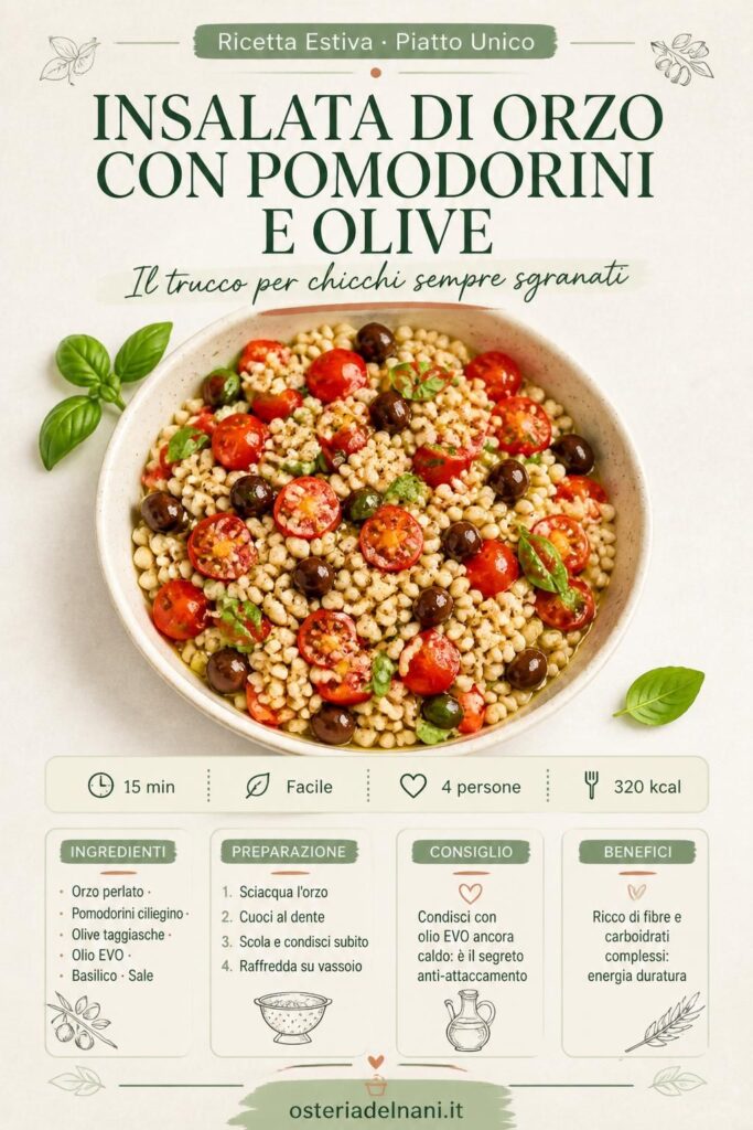 Insalata di orzo con pomodorini e olive in ciotola bianca, condita con olio extravergine e basilico fresco