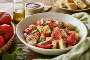 Ciotola di panzanella toscana con pomodori maturi costoluti, cetriolo, cipolla rossa e basilico fresco su pane raffermo sciocco toscano