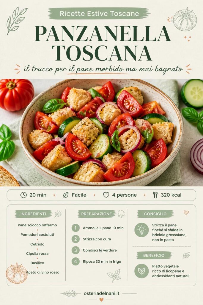 Panzanella toscana con pomodori maturi, cetriolo, cipolla rossa e basilico su pane raffermo sciocco toscano