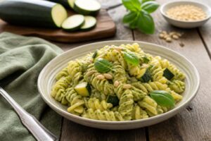 Pasta fredda al pesto di zucchine cremosa servita in una ciotola bianca, con basilico fresco e pinoli tostati, vista dall'alto