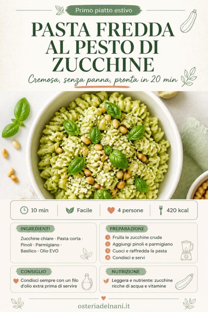 Pasta fredda al pesto di zucchine cremosa, senza panna, in ciotola bianca con basilico e pinoli tostati