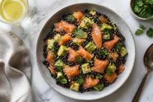 Riso venere freddo con salmone e avocado: il condimento al limone che lo mantiene morbido