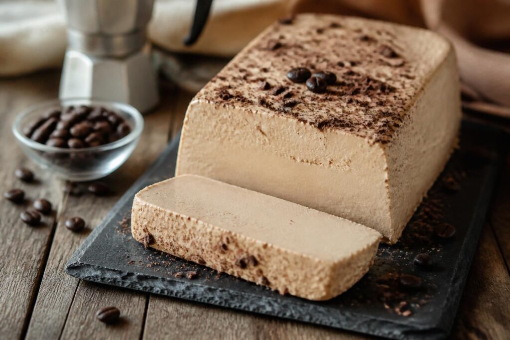 Semifreddo al caffè senza uova tagliato a fette su piatto bianco, decorato con cacao amaro e chicchi di caffè, sfondo chiaro e luce naturale