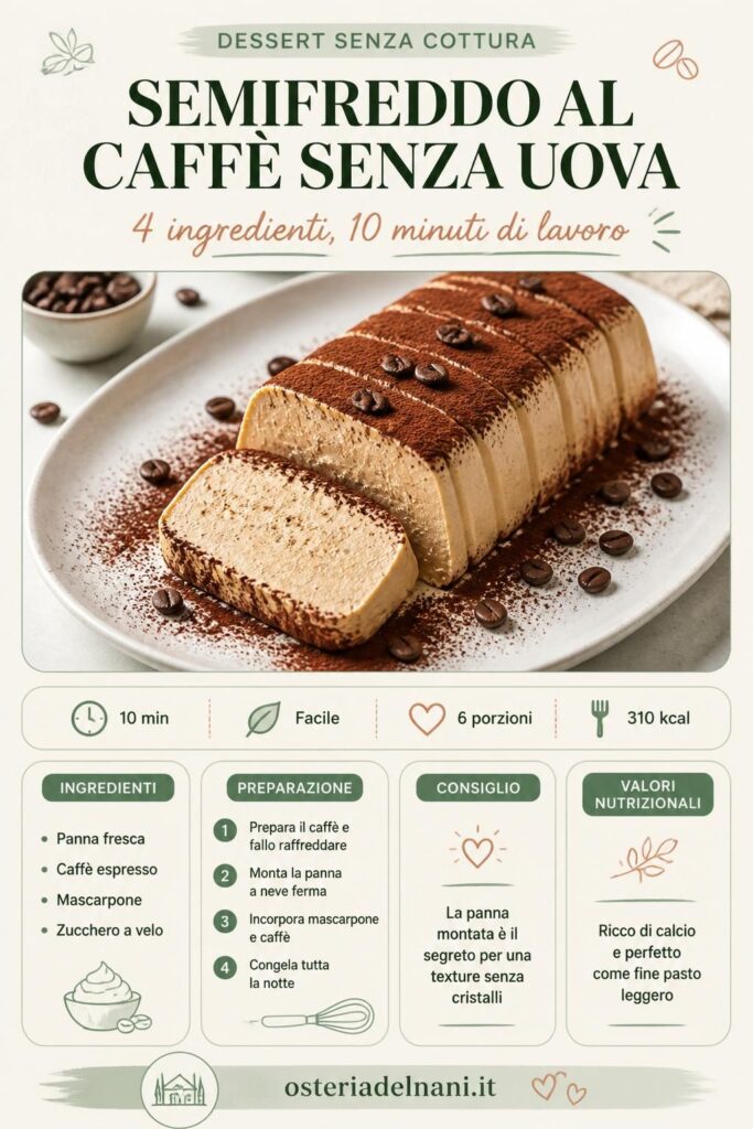 Semifreddo al caffè senza uova a fette su piatto bianco con cacao amaro e chicchi di caffè