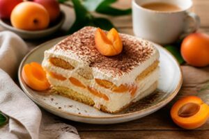 Tiramisù alle albicocche senza uova servito in coppette individuali con fette di albicocca fresca sopra, su un tavolo estivo in legno chiaro