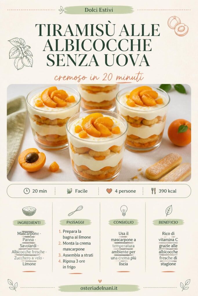 Tiramisù alle albicocche senza uova in coppette individuali con fettine di frutta fresca, sfondo estivo