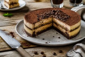 Torta fredda al caffè senza forno su piatto bianco, con base di biscotti al cacao e crema al caffè compatta, decorata con chicchi di caffè e cacao in polvere