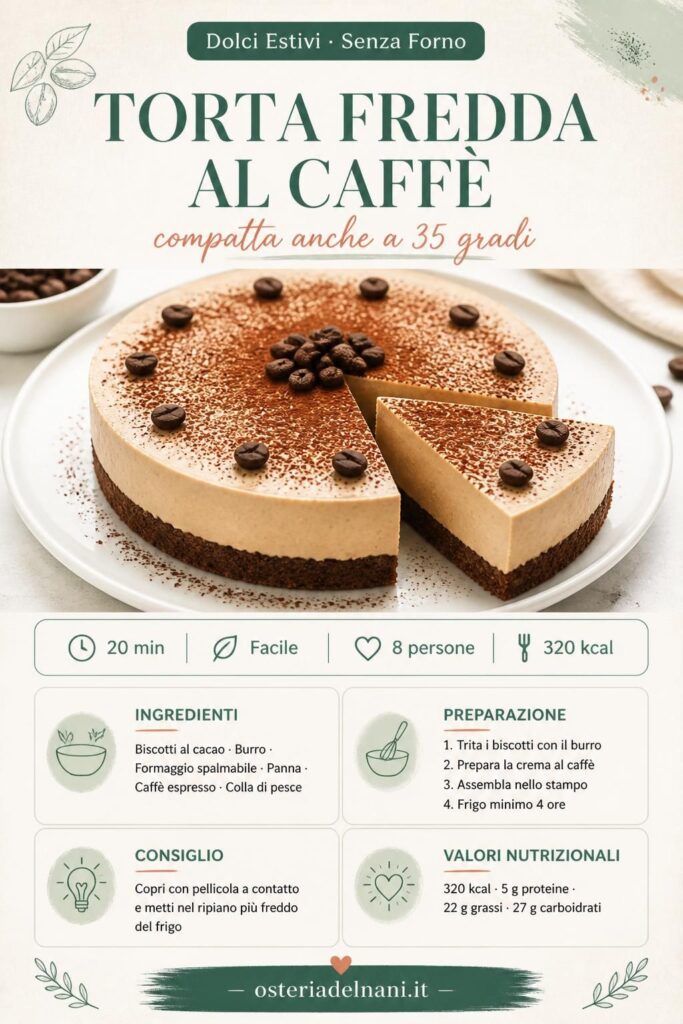 Torta fredda al caffè senza forno: base di biscotti al cacao e crema al caffè compatta, decorata con cacao e chicchi di caffè