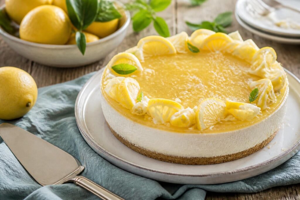 Torta fredda al limone senza forno decorata con fette di limone fresco e scorza grattugiata, su piatto bianco con sfondo chiaro estivo