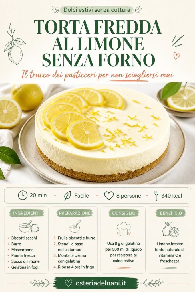 Torta fredda al limone senza forno su piatto bianco con decorazione di fette di limone e scorza grattugiata